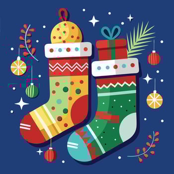 Colorful Christmas Stockings with Presents and Ornaments vector