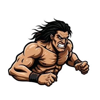 Angry muscle man with long hair logo design vector
