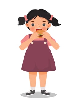 fat obese little girl feel hungry eating hamburger junk food vector