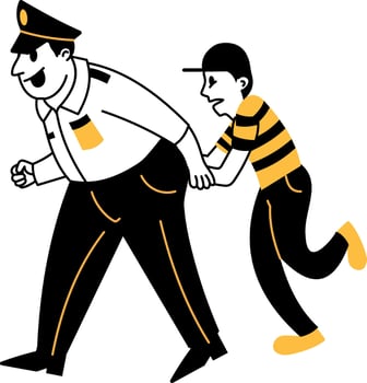 A hand drawn illustration showing a police officer dragging the criminal vector