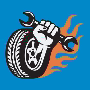 of a burning car tire with a hand holding a wrench vector