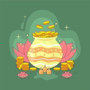 A festive illustration celebrating Akshaya Tritiya, featuring a decorative pot overflowing with shimmering gold coins, flanked by stacked coins, blooming lotus flowers, and glowing oil lamps vector