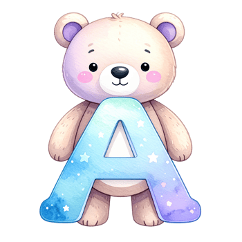 Watercolor baby bear alphabet A png