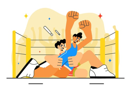 Cartoon Style Illustration of Arena Wrestling Battle Between Two Players vector