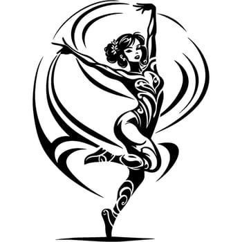 Tattoo emblem of mysterious woman is dancing in circles, wearing black tight elastic suit with flowers hair in monochrome. Engraving minimalistic image in black ink drawing on white background vector