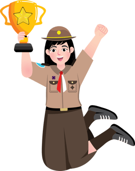 Excited Scout Student Smiling with Trophy in Hand png