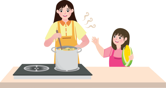 Happy Girl Helping Mom Cook at Home png