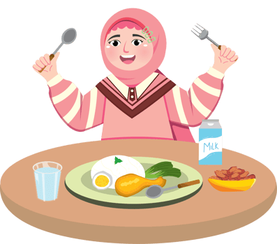 Happy Little Hijab Girl Eating Dinner to Break Fast png