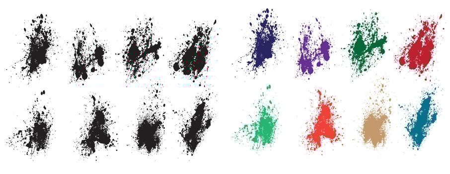 Various black and purple, orange, green, and red blood splash illustration brushstroke set vector