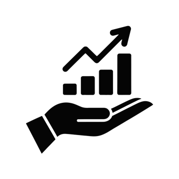 A black silhouette of a hand supports a rising bar graph with an upward arrow, symbolizing growth and success cutouts png