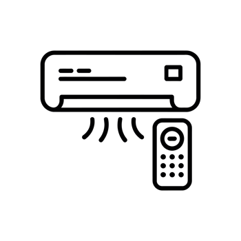 A simple black line drawing features an air conditioning unit accompanied by a remote control. cutouts png