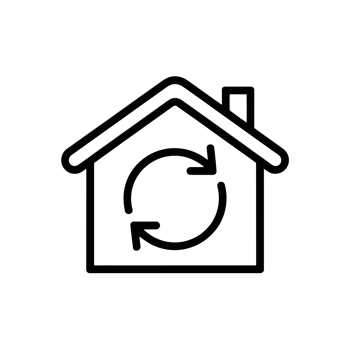 A simple line drawing depicts a house with a circular arrow inside, suggesting concepts of recycling or renewal within the home cutouts png