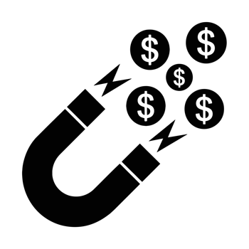 A large magnet is attracting several coins, each displaying a dollar sign, symbolizing the concept of attracting wealth or financial gain cutouts png