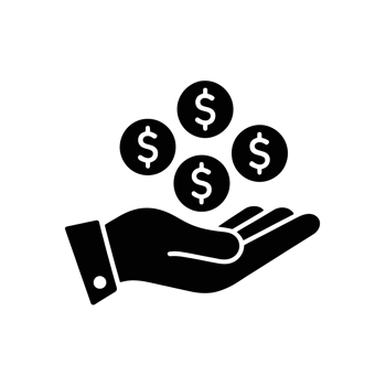 A black silhouette of an open hand is depicted with several dollar coins floating above it, symbolizing financial gain or monetary transactions. cutouts png