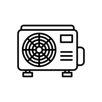 A simple black line drawing features an air conditioning unit with a circular fan and various vents cutouts png