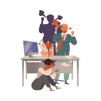 Angry boss yelling at scared employee hiding under table. Evil boss and stressed staff concept illustration vector