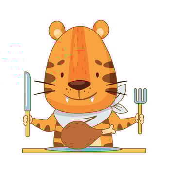 Cute little tiger having breakfast. Adorable baby animal character cartoon illustration vector