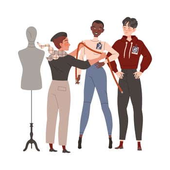 Man Fashion Designer or Tailor Taking Measurements of Woman Model for Clothing Garment Illustration vector