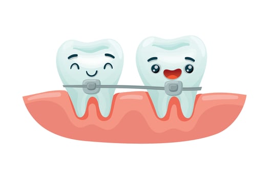 Cute funny teeth characters with braces. Oral care, orthodontic treatment, teeth restoration concept cartoon illustration vector