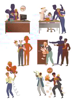 Angry boss yelling at scared employees set. Evil boss and stressed staff illustration vector