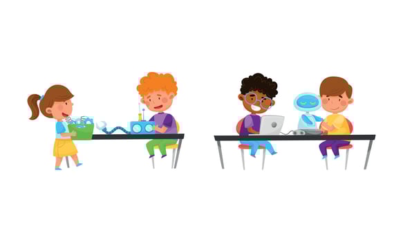 Little Boy and Girl at Table Engineering and Configurating Robot Set vector