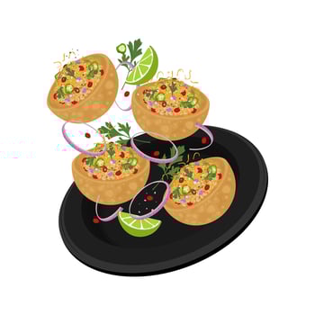 Illustration logo Clipart Levitation Katori Chaat Aloo Tikki Chaat Aloo Tokri Chaat on a Black Plate vector