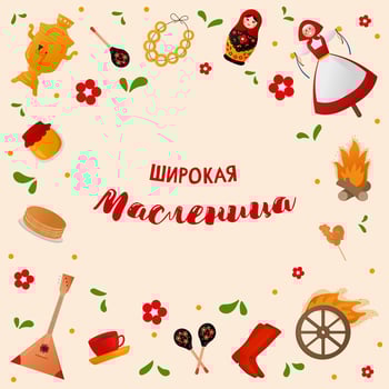 Postcard Maslenitsa. set of symbols for Maslenitsa. A traditional Russian holiday. illustration in cartoon style. vector