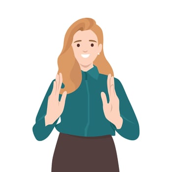 Woman with long blonde hair smiles warmly while making a hand gesture with both hands raised. vector