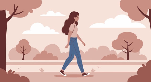 A woman walking in the park with trees and bushes vector