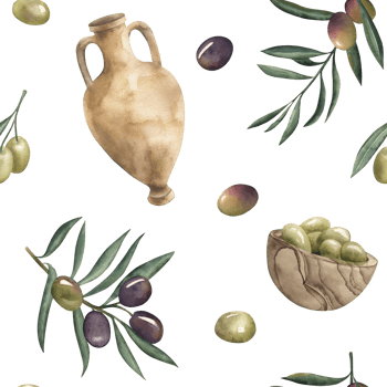 Seamless watercolor pattern with green and black olives, olive branches, ceramic amphora and wooden bowl. Hand drawn illustration in botanical style. Mediterranean design, packaging, textile, postcard png