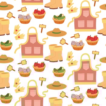 Gardening items with baskets of vegetables. Clothes and vegetables collected. Flat color illustrations in texture. Beautiful clothes for the harvest. Spring planting, summer weeding, autumn harvesting vector