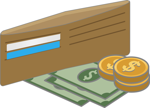 Illustration of Wallet with Cash and Coins png
