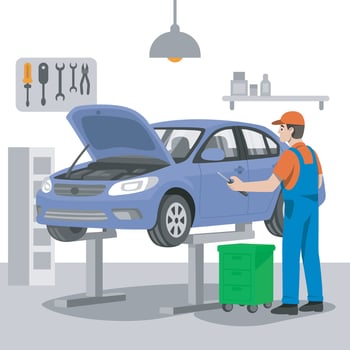 Mechanic is servicing a car in a neat garage vector