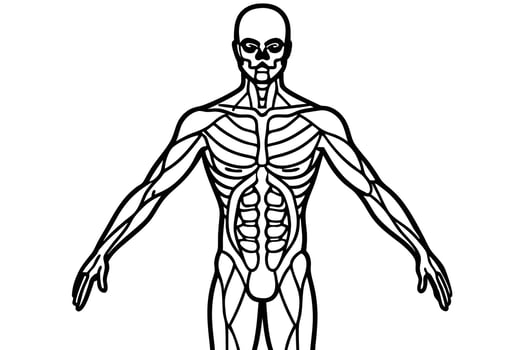 Skeleton outline shows full muscle structure with the arms spread on a white background vector