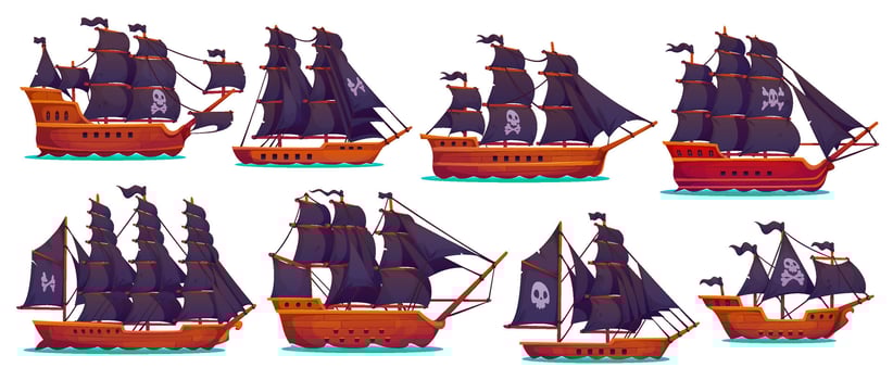 Pirate sail ships, corsair boats with black flags vector