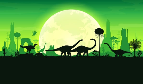 Prehistoric dinosaurs silhouettes sunset vector