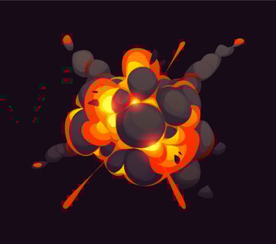 Comic bomb explosion blast effect, cartoon fire vector