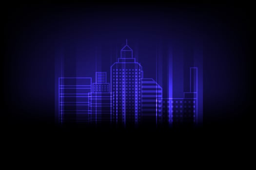 Neon Outline Cityscape with Futuristic Blue Glow on Dark Background, Featuring Modern Skyscrapers and Geometric Buildings vector