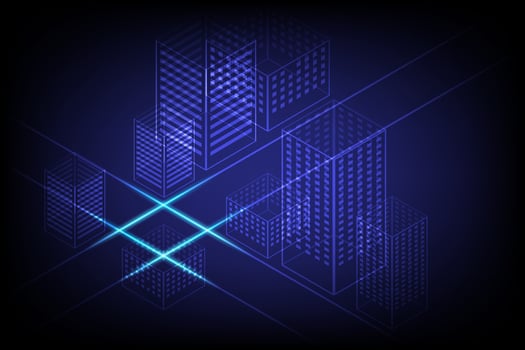 Smart Digital City Concept of Glowing Blue Squares on Dark Background with Technology Inspired Neon Light Effects vector
