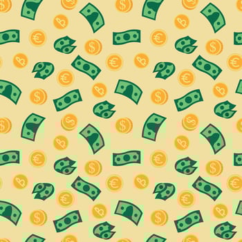 Seamless pattern with banknotes and coins. Design for fabric, textile, wallpaper, packaging vector
