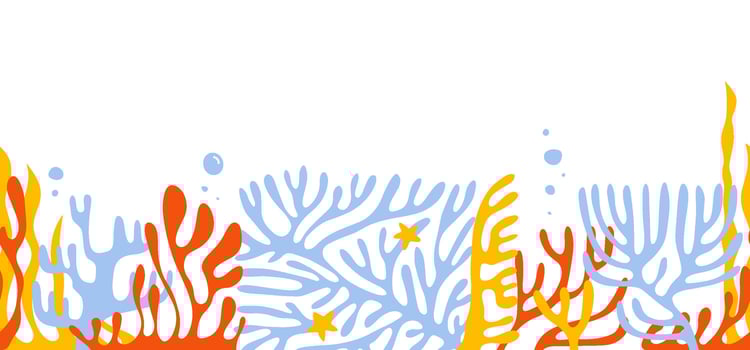 Tropical underwater landscape with colorful seaweed, coral reefs, and marine plants seamless border ideal for childish books, marine designs, packaging. flat hand drawn illustration vector