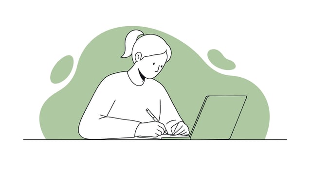 A woman is sitting at a desk with a laptop vector
