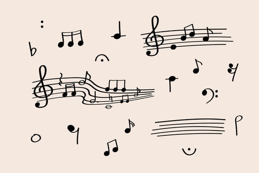 Music notes and flowing staff lines on a pastel background for Music Day or Piano Day. Dynamic composition of notes and staff elements in a hand-drawn doodle style. Perfect for Piano Day content. vector
