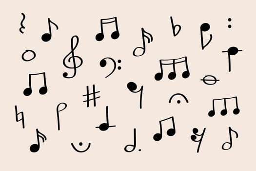 Isolated music notes and clefs set for International Jazz Day and Music Events. Large individual music symbols scattered on pastel background. Great for print, design, and events. vector