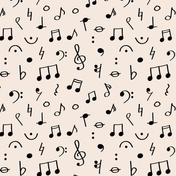 Hand drawn pattern with music notes and rests for Global Music Events. pattern with playful hand drawn music elements on pastel background. Ideal for posters, wraps, or fabric. vector