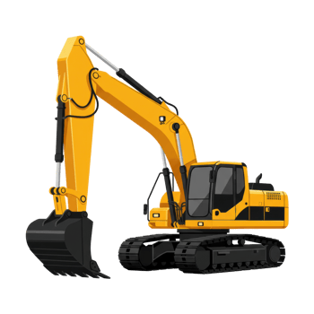 Bright yellow excavator illustration against a stark transparent background rendering png