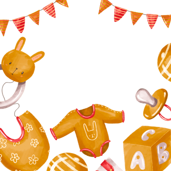 Baby Birthday Card with Newborn Baby Things. Baby Clothes, Toys, Pacifiers, Diapers, Milk Bottle. Boho Set. Hand Drawn Watercolor Illustration. Sticker Set png
