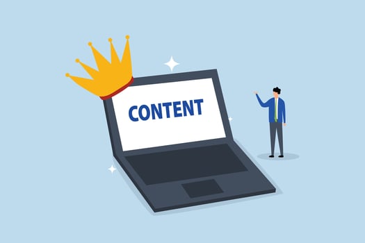 businessman standing with computer with the word content wearing crown. vector