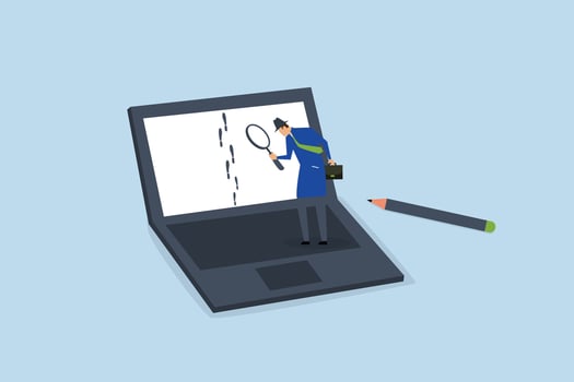 Website visitor tracking, Entrepreneur sleuth employing magnifying glass to trace the guest trail on laptop. vector