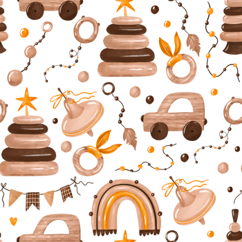 Seamless pattern Wooden toys hand drawn illustration. Cartoon watercolor learning equipment. Toys for early games of children, wood collection of pyramid block cubes, car, rainbow endless background png
